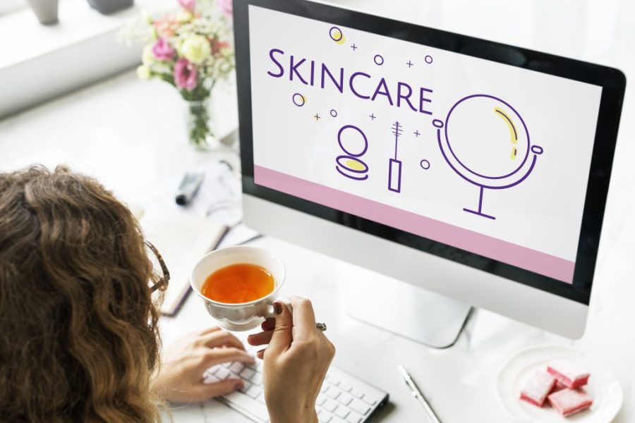 Illustration of beauty cosmetics makeover skincare on computer